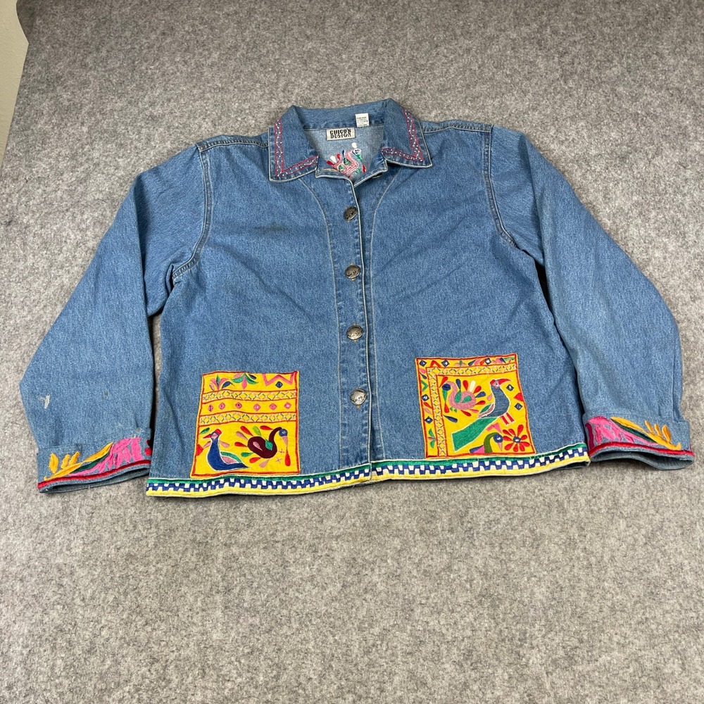 Chicos Design Vintage Denim Jacket Embroidered Peacock Bird Blue Size 2 Medium